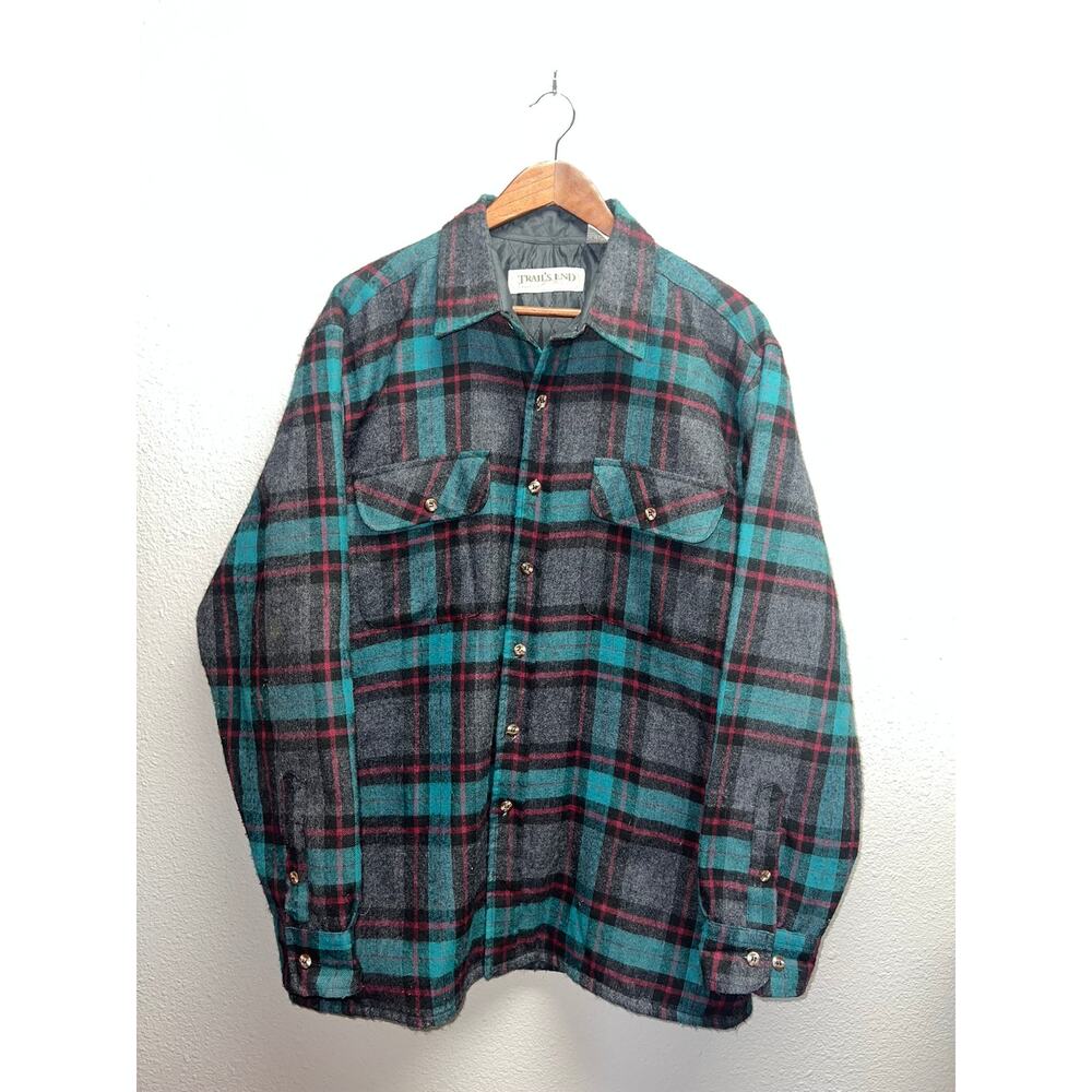 Vintage Trail's End Flannel Shirt Quilted Lined Plaid Teal Gray Western VTG L